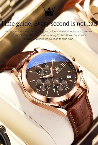 OLEVS Men's Chronograph Quartz Watches, Leather Strap Gold Case with Day Date, Waterproof Stainless Steel Wrist Watch, Luminous Hand Analog Watches for Men, Brown/Black/Blue/White Dial in Saudi Arabia