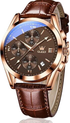 OLEVS Men's Chronograph Quartz Watches, Leather Strap Gold Case with Day Date, Waterproof Stainless Steel Wrist Watch, Luminous Hand Analog Watches for Men, Brown/Black/Blue/White Dial in Saudi Arabia