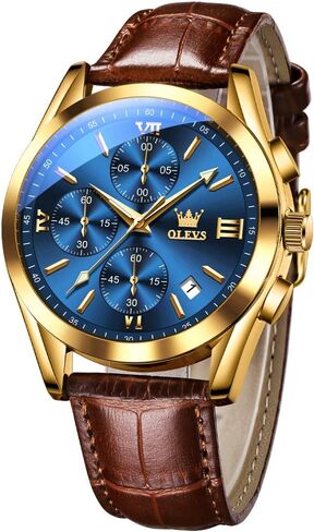OLEVS Men's Chronograph Quartz Watches, Leather Strap Gold Case with Day Date, Waterproof Stainless Steel Wrist Watch, Luminous Hand Analog Watches for Men, Brown/Black/Blue/White Dial in Saudi Arabia