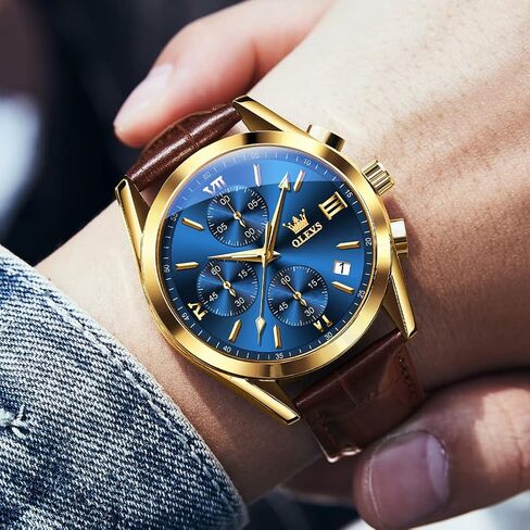 OLEVS Men's Chronograph Quartz Watches, Leather Strap Gold Case with Day Date, Waterproof Stainless Steel Wrist Watch, Luminous Hand Analog Watches for Men, Brown/Black/Blue/White Dial in Saudi Arabia