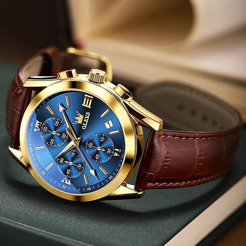 OLEVS Men's Chronograph Quartz Watches, Leather Strap Gold Case with Day Date, Waterproof Stainless Steel Wrist Watch, Luminous Hand Analog Watches for Men, Brown/Black/Blue/White Dial in Saudi Arabia
