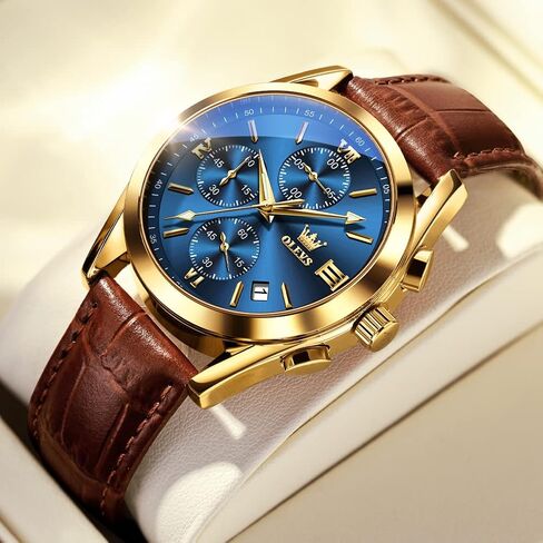 OLEVS Men's Chronograph Quartz Watches, Leather Strap Gold Case with Day Date, Waterproof Stainless Steel Wrist Watch, Luminous Hand Analog Watches for Men, Brown/Black/Blue/White Dial in Saudi Arabia