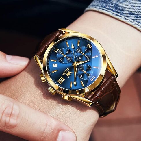 OLEVS Men's Chronograph Quartz Watches, Leather Strap Gold Case with Day Date, Waterproof Stainless Steel Wrist Watch, Luminous Hand Analog Watches for Men, Brown/Black/Blue/White Dial in Saudi Arabia