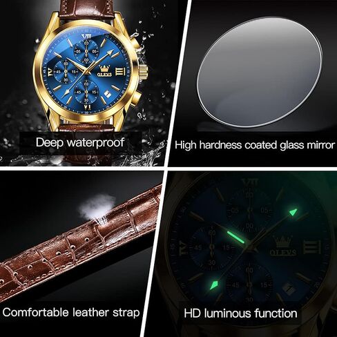 OLEVS Men's Chronograph Quartz Watches, Leather Strap Gold Case with Day Date, Waterproof Stainless Steel Wrist Watch, Luminous Hand Analog Watches for Men, Brown/Black/Blue/White Dial in Saudi Arabia