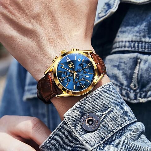 OLEVS Men's Chronograph Quartz Watches, Leather Strap Gold Case with Day Date, Waterproof Stainless Steel Wrist Watch, Luminous Hand Analog Watches for Men, Brown/Black/Blue/White Dial in Saudi Arabia