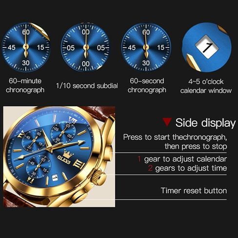 OLEVS Men's Chronograph Quartz Watches, Leather Strap Gold Case with Day Date, Waterproof Stainless Steel Wrist Watch, Luminous Hand Analog Watches for Men, Brown/Black/Blue/White Dial in Saudi Arabia