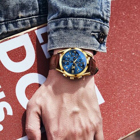 OLEVS Men's Chronograph Quartz Watches, Leather Strap Gold Case with Day Date, Waterproof Stainless Steel Wrist Watch, Luminous Hand Analog Watches for Men, Brown/Black/Blue/White Dial in Saudi Arabia