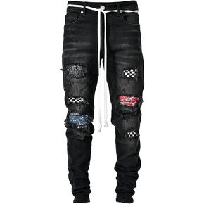 IDEALSANXUN Mens Ripped Stretch Jeans Casual Slim Fit Distressed Plaid Pattern Skinny Biker Jeans