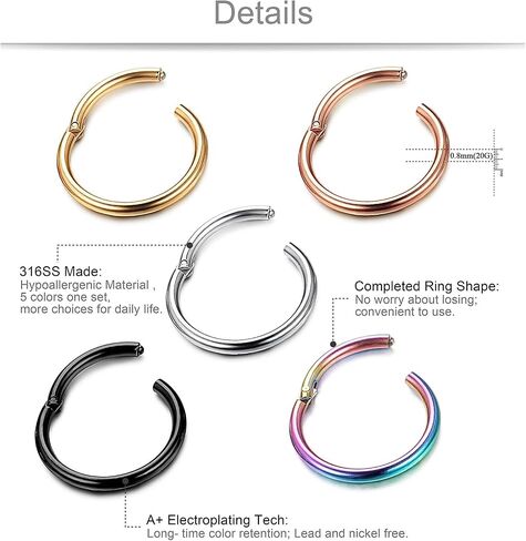 Jstyle 5 Pcs a Set 316L Stainless Steel Septum Piercing Nose Hoop Clicker Ring Hypoallergenic 16G 18G 20G in Kuwait