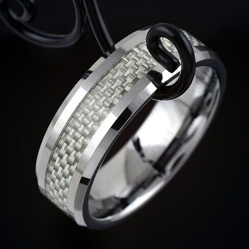 King's Cross Dazzling 6mm/8mm Mirror Polished Silver Tungsten Carbide Band Ring with Silver & White Faux Carbon Fiber Inlay and Beveled Edges feat. Comfort Fit Inner Band. in Saudi Arabia