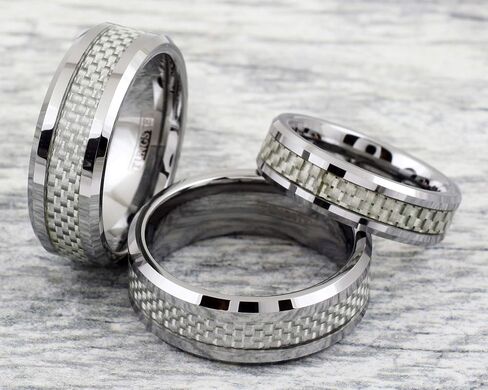 King's Cross Dazzling 6mm/8mm Mirror Polished Silver Tungsten Carbide Band Ring with Silver & White Faux Carbon Fiber Inlay and Beveled Edges feat. Comfort Fit Inner Band. in Saudi Arabia