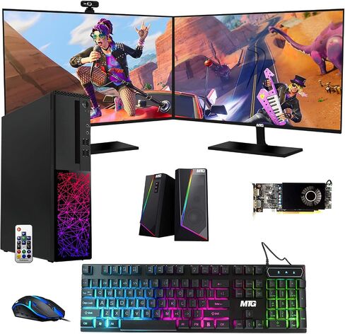 Gaming Desktop PC, Intel i5 6th, TechMagnet Galaxy, 16GB RAM, 1TB SSD | 2TB HDD, MTG New Dual 24 Inch Monitor, RGB Keyboard Mouse, GT 1030, Speaker, Webcam, Win 10 Pro (Renewed) in Kuwait