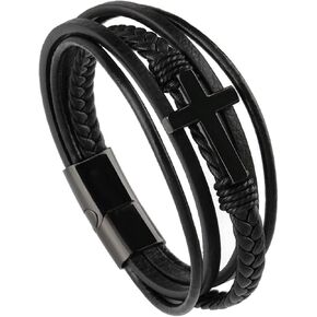 BIYONGDE Mens Black braided leather Bangle Bracelet, Stainless Steel Cross, Multi-strand, Classic in Saudi Arabia