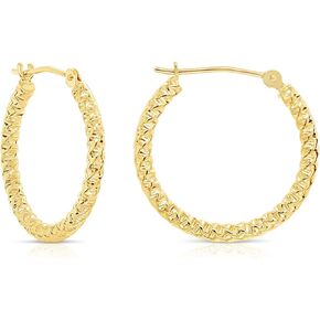 14k Yellow Gold Spiral Textured Round Hoop Earrings, 2mm thickness
