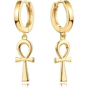 DREMMY STUDIOS Dainty Gold Cross Huggie Hoop Earrings 14K Gold Filled Simple Cute Cross Hoop Earrings Charm Tiny Dangle Hoop