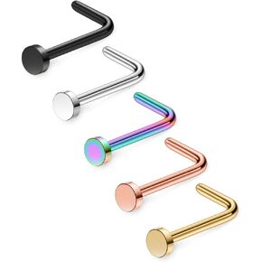 Ruifan 5PCS Surgical Steel Curved Nose Stud Ring L Shaped with 1.5mm-3mm Flat Piercing Jewelry 22G 20G 18G