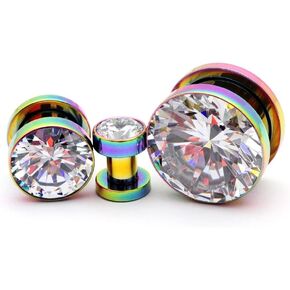 Mystic Metals Body Jewelry 316L Rainbow Stainless Steel Screw on Plugs with Single Press Fit Clear CZ gauges (PS-127) - Sold as a Pair in Saudi Arabia