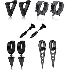 5 Pairs Punk Style Stainless Steel Black Tone Geometric Triangle Rivet Surgical Huggie Hoop Earrings Screw Nail Stud Earrings Gift for Men Women Teen