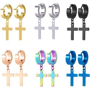 TXPFF 6 Pairs of Cross Earrings Dangle Hinged Men Earrings Stainless Steel Cross hoop Earrings for Men and Women,Silver,Gold,Black,blue,Rose gold,Colorful in Saudi Arabia