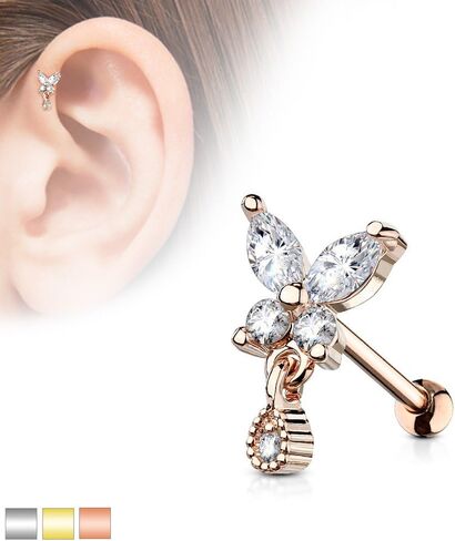 Covet Jewelry CZ Butterfly Tear Drop Dangle 316L Surgical Steel Cartilage, Tragus Barbell Studs in Saudi Arabia