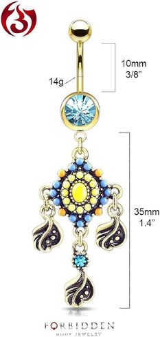 Forbidden Body Jewelry Surgical Steel Multicolored Tribal Belly Button Ring with Decorative Dangle in Kuwait