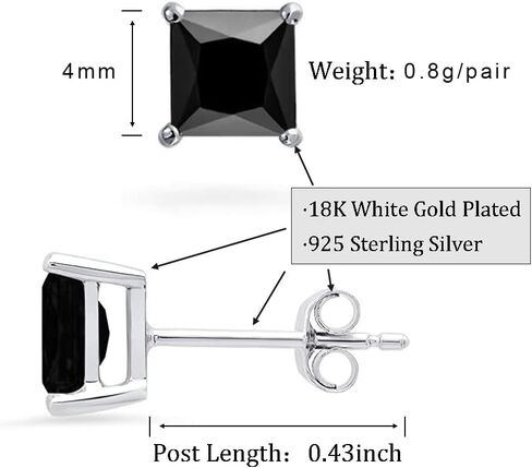 Unisex Princess cut Black Onyx 925 Sterling Silver Stud Earrings Platinum Plated Fine Jewelry for Men Women in Saudi Arabia