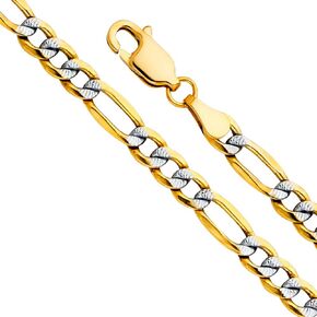 14k REAL Two Tone Gold Men's 6.5mm Hollow Figaro 3+1 White Pave Chain Bracelet with Lobster Claw Clasp - 8" in Kuwait