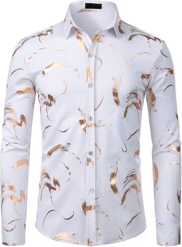 ZEROYAA Men's Hipster Shiny Design Slim Fit Long Sleeve Button Up Party Dress Shirts in Kuwait