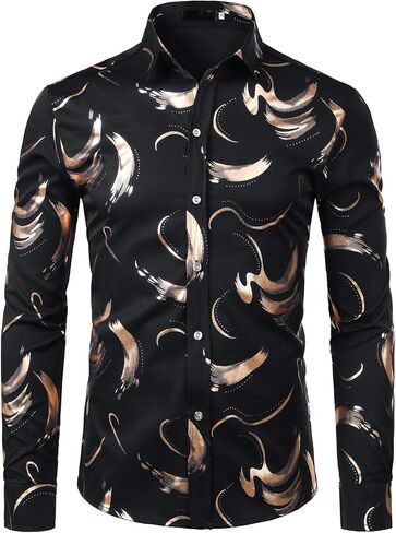 ZEROYAA Men's Hipster Shiny Design Slim Fit Long Sleeve Button Up Party Dress Shirts in Kuwait