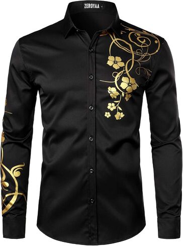 ZEROYAA Men's Hipster Shiny Design Slim Fit Long Sleeve Button Up Party Dress Shirts in Kuwait