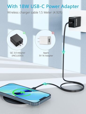 شاحن لاسلكي نحيف مع محول QC3.0، لوحة شحن لاسلكية سريعة 15 وات، متوافق مع iPhone 14/13/13 Pro/13 Pro Max/13 Mini/12/XR/XS/8 Plus/Samsung Galaxy S21/S20/S9/Note 20/10/جوجل بيكسل 7/6/5 in Kuwait