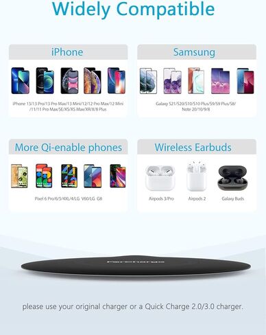 شاحن لاسلكي نحيف مع محول QC3.0، لوحة شحن لاسلكية سريعة 15 وات، متوافق مع iPhone 14/13/13 Pro/13 Pro Max/13 Mini/12/XR/XS/8 Plus/Samsung Galaxy S21/S20/S9/Note 20/10/جوجل بيكسل 7/6/5 in Kuwait