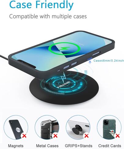 شاحن لاسلكي نحيف مع محول QC3.0، لوحة شحن لاسلكية سريعة 15 وات، متوافق مع iPhone 14/13/13 Pro/13 Pro Max/13 Mini/12/XR/XS/8 Plus/Samsung Galaxy S21/S20/S9/Note 20/10/جوجل بيكسل 7/6/5 in Kuwait