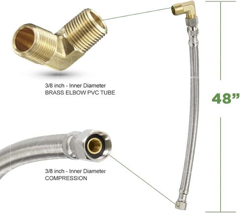 Everflow Supplies 27748PR-NL Premium Braided Stainless Steel Premium Dishwasher Connector Hose with PVC Inner Tube, 3/8" Compression Connections and Brass Elbow, 48" in Saudi Arabia