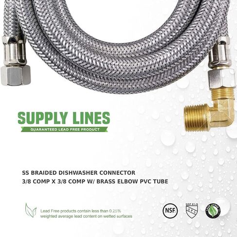 Everflow Supplies 27748PR-NL Premium Braided Stainless Steel Premium Dishwasher Connector Hose with PVC Inner Tube, 3/8" Compression Connections and Brass Elbow, 48" in Saudi Arabia