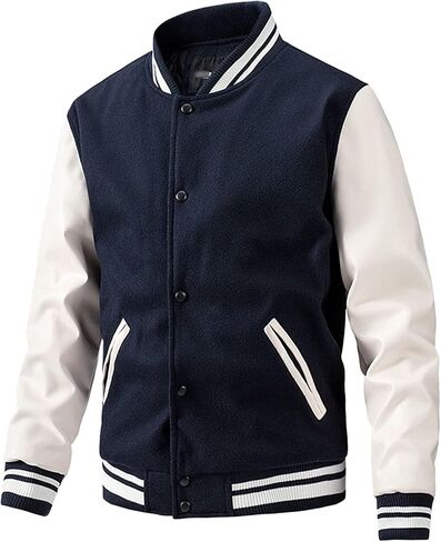 Men's Varsity Jackets Casual Fleece Spring Fall Baseball Jacket Slim Fit Long Sleeve Cotton Bomber Jacket (Black,Medium) in Kuwait