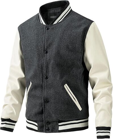 Men's Varsity Jackets Casual Fleece Spring Fall Baseball Jacket Slim Fit Long Sleeve Cotton Bomber Jacket (Black,Medium) in Kuwait