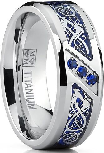 Metal Masters Co. Men's Titanium Wedding Ring Band with Dragon Design Over Blue Carbon Fiber Inlay and Blue Cubic Zirconia in Kuwait