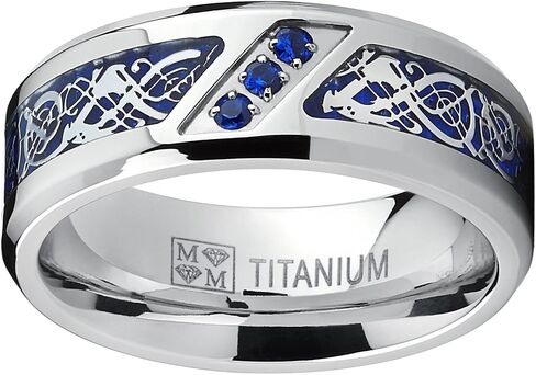 Metal Masters Co. Men's Titanium Wedding Ring Band with Dragon Design Over Blue Carbon Fiber Inlay and Blue Cubic Zirconia in Kuwait