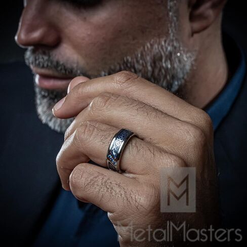 Metal Masters Co. Men's Titanium Wedding Ring Band with Dragon Design Over Blue Carbon Fiber Inlay and Blue Cubic Zirconia in Kuwait