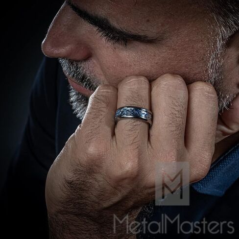 Metal Masters Co. Men's Titanium Wedding Ring Band with Dragon Design Over Blue Carbon Fiber Inlay and Blue Cubic Zirconia in Kuwait