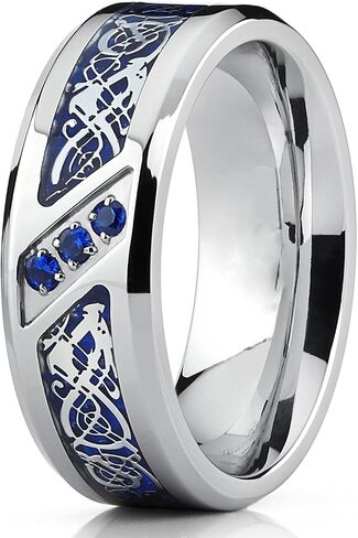 Metal Masters Co. Men's Titanium Wedding Ring Band with Dragon Design Over Blue Carbon Fiber Inlay and Blue Cubic Zirconia in Kuwait