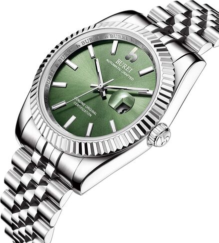 ساعة BUREI للرجال أوتوماتيكية بمينا تناظرية ونافذة للتاريخ وسوار وحقيبة من الفولاذ المقاوم للصدأ كريستال ياقوتي in Kuwait