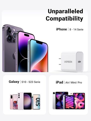 شاحن يو جرين 20 واط USB C شاحن سريع PD شاحن حائط USB-C محول طاقة متوافق مع iPhone 14/14 Pro Max/iPhone 13/12 Pro Max/SE/11، Pixel، Galaxy S23/S22/S21/S20/Note 10، آيباد ميني/برو in Saudi Arabia