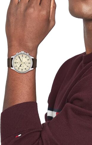 Tommy Hilfiger Men's Stainless Steel Case and Calfskin Strap Watch, Color: Brown (Model: 1792003) in Saudi Arabia