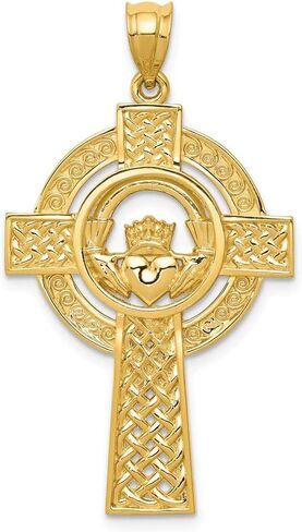 Solid 14k Yellow Gold Celtic Irish Claddagh Cross Pendant Charm - 40mm x 22mm in Saudi Arabia