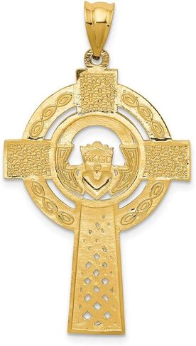 Solid 14k Yellow Gold Celtic Irish Claddagh Cross Pendant Charm - 40mm x 22mm in Saudi Arabia