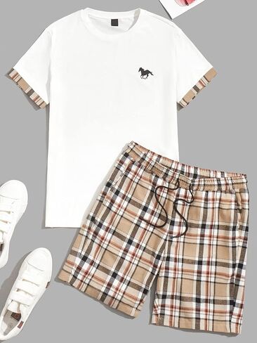 GORGLITTER Men's Plaid Print Casual Short Sleeve T Shirts and Shorts Tracksuit Set in Saudi Arabia