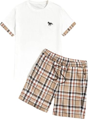 GORGLITTER Men's Plaid Print Casual Short Sleeve T Shirts and Shorts Tracksuit Set in Saudi Arabia