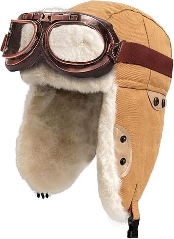 Peicees Trapper Aviator Hat and Goggles Costume Accessories Bomber Trooper Ushanka Hat Cap with Fur Ear Flap in Kuwait